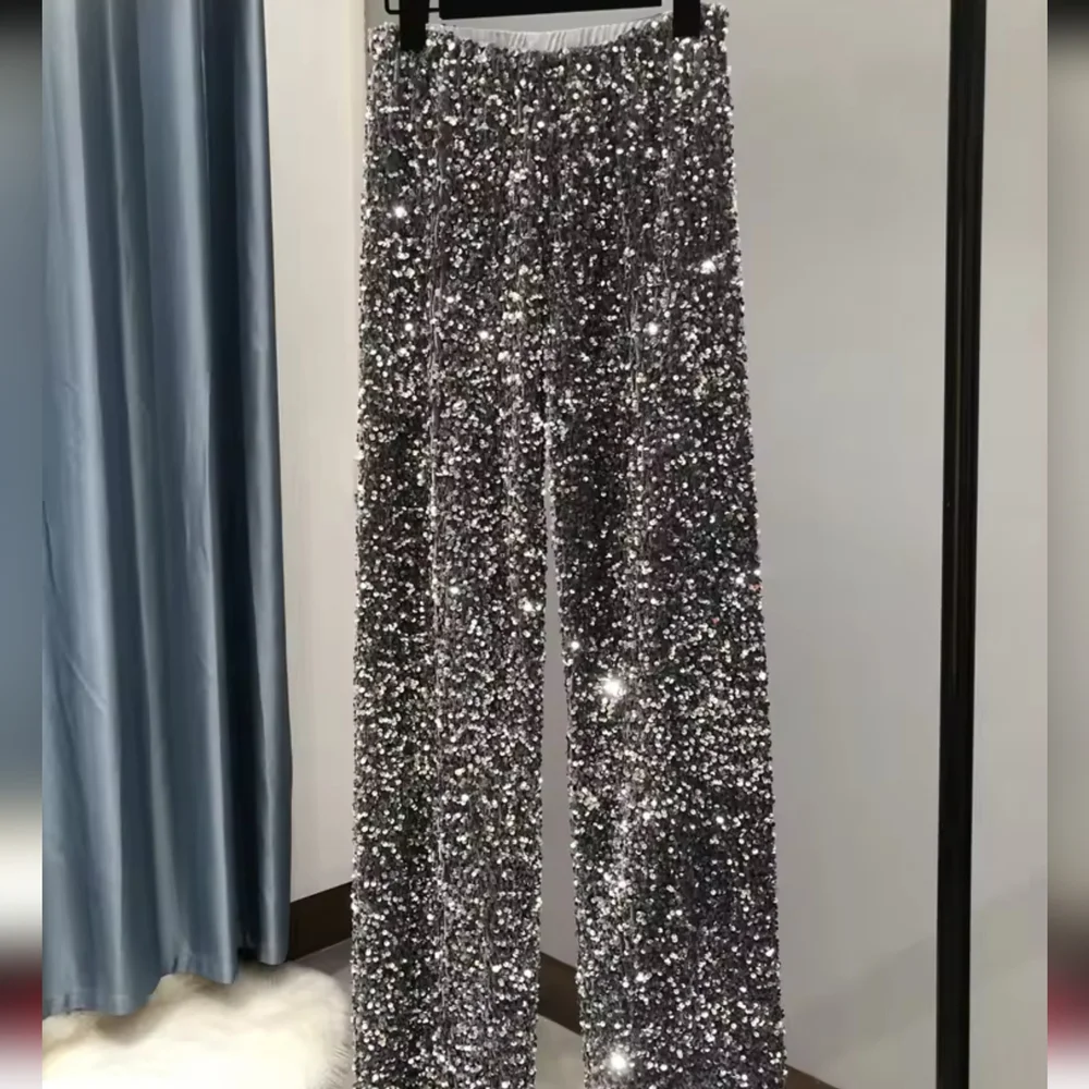 Women's Fashion Trendy Sparkling Gold Pants Relaxation of Tall Waist Wide-legged - Picture 6 of 6